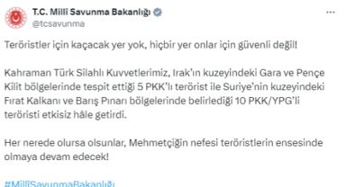 Irak ve Suriye’nin Kuzeyinde PKK’ya Büyük Darbe: 15 Terörist Etkisiz Hale Getirildi